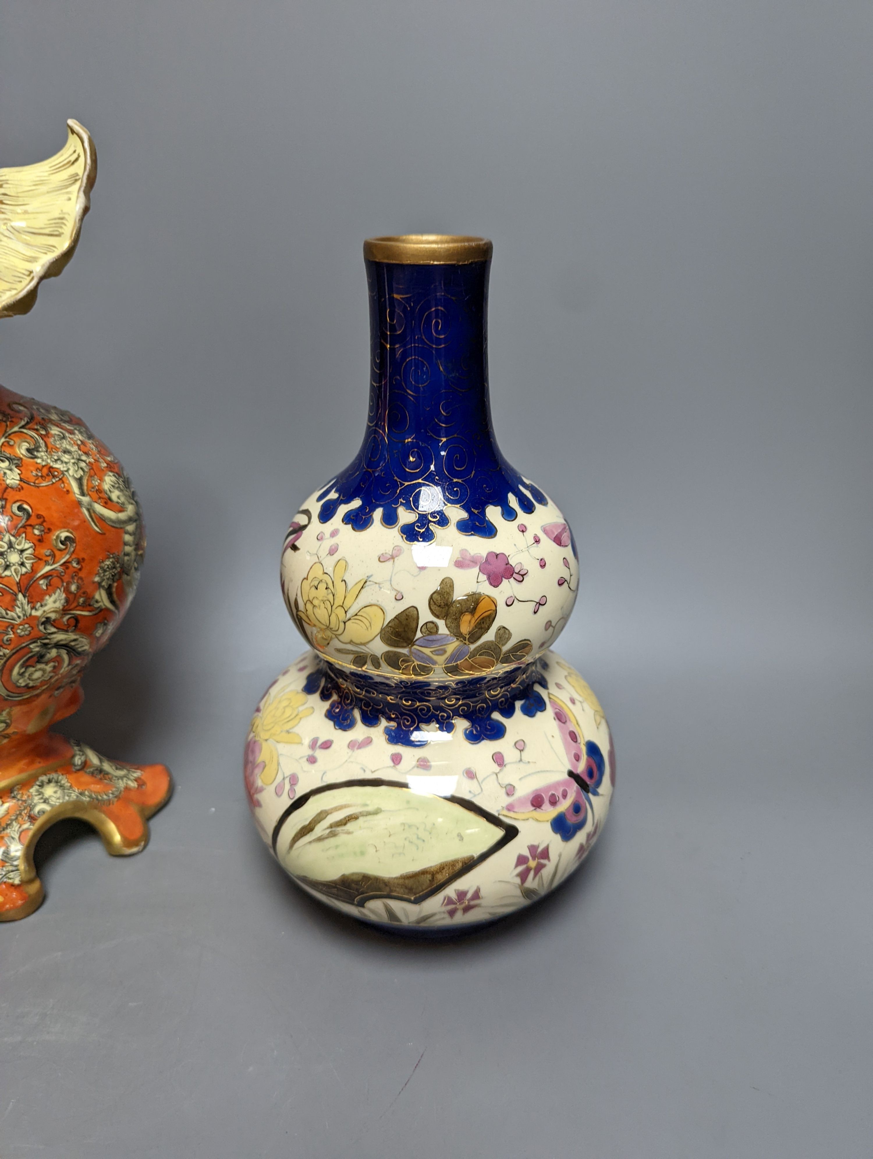 A Fischer Budapest pottery ewer and two pottery vases 29cm